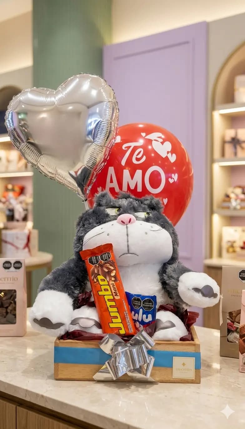 Ancheta con peluche gatito gris, chocolates, globo estrella y globo Te Amo