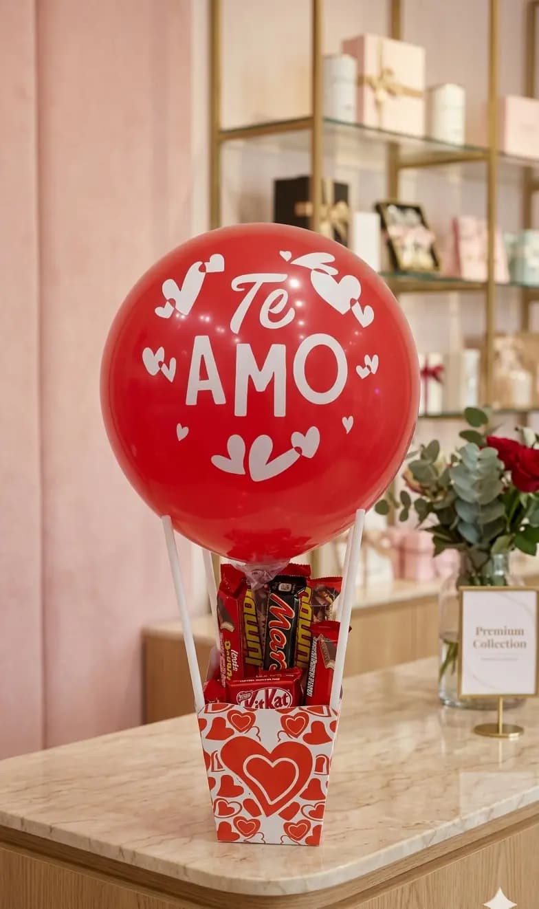 Ancheta con caja roja de corazones, chocolates y globo Te Amo