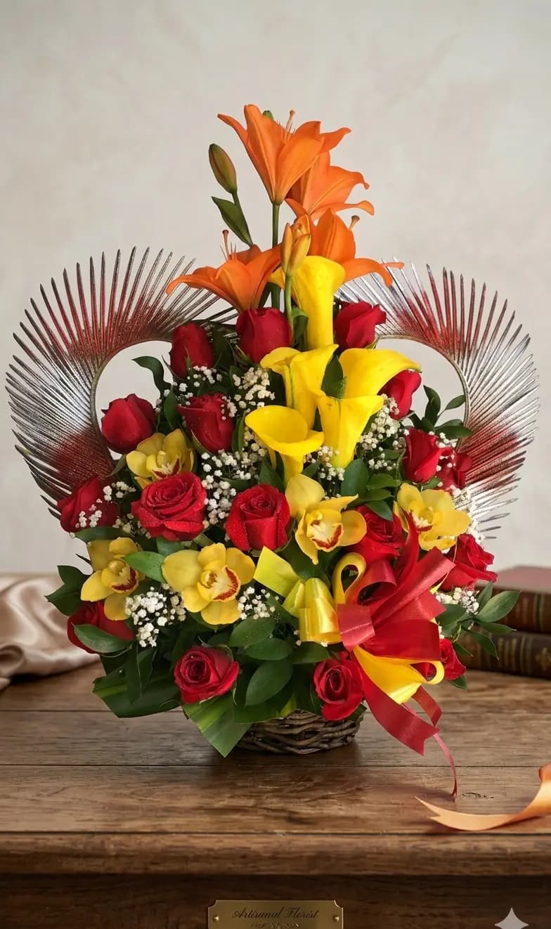 Arreglo en canasta con calas amarillas, lirios naranjas y rosas rojas