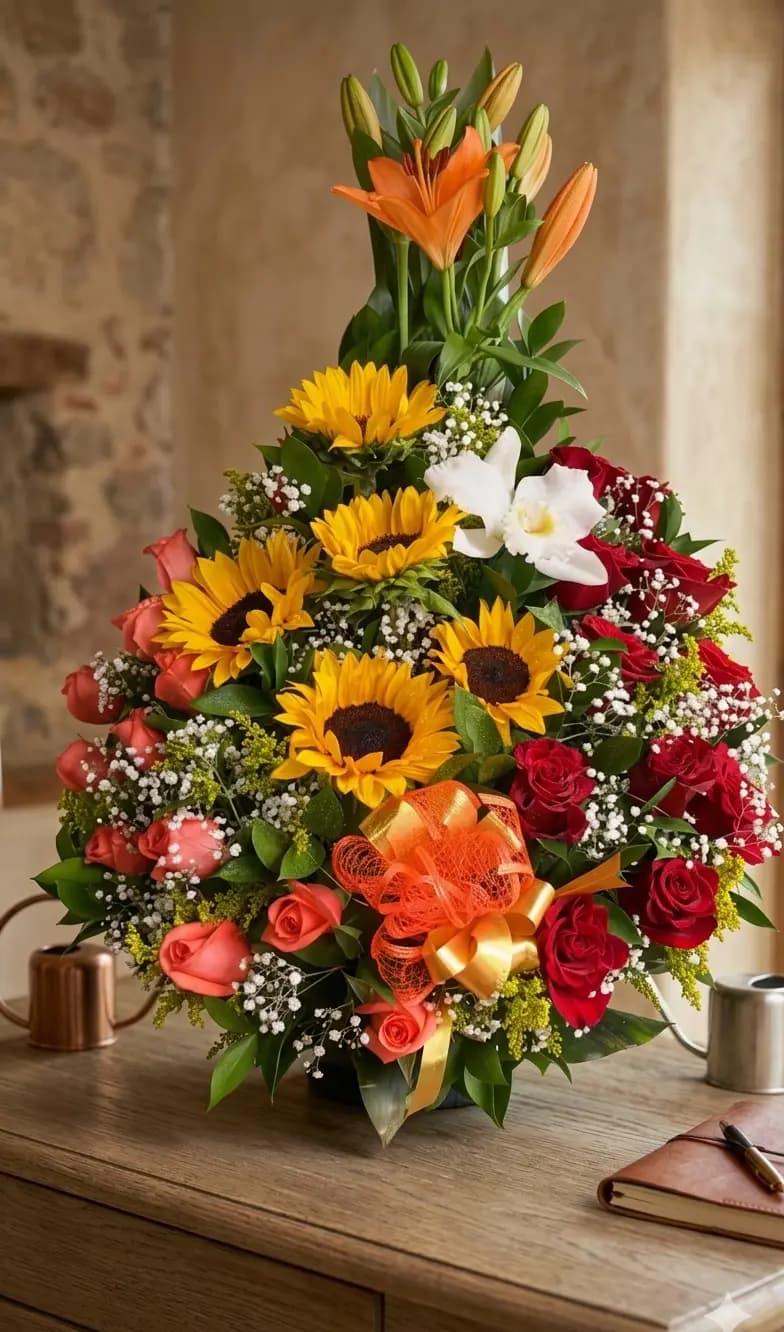 Arreglo piramidal de rosas blancas, rosas amarillas y girasoles