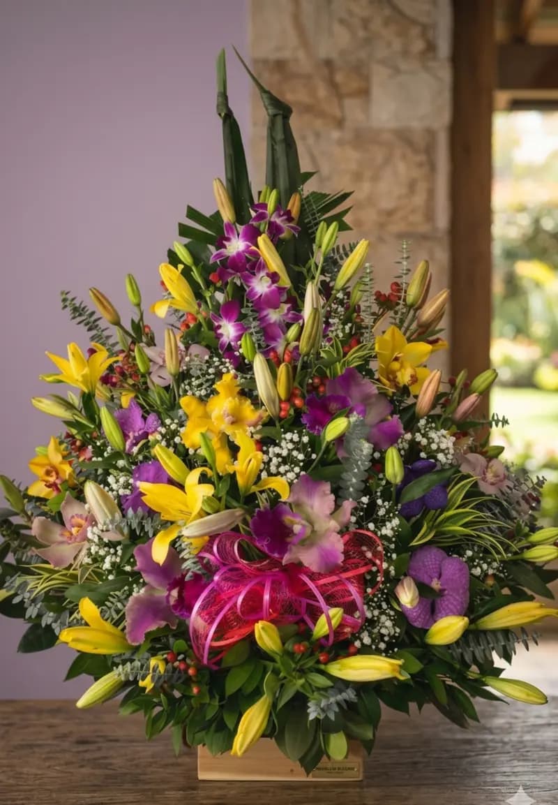 Arreglo exótico de orquídeas moradas, lirios amarillos y rosas con follaje tropical