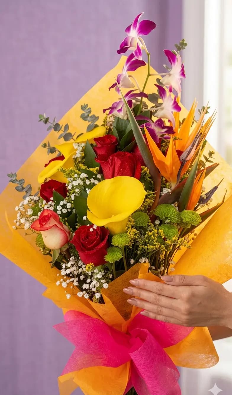 Ramo de rosas rosadas y rojas con heliconias naranjas