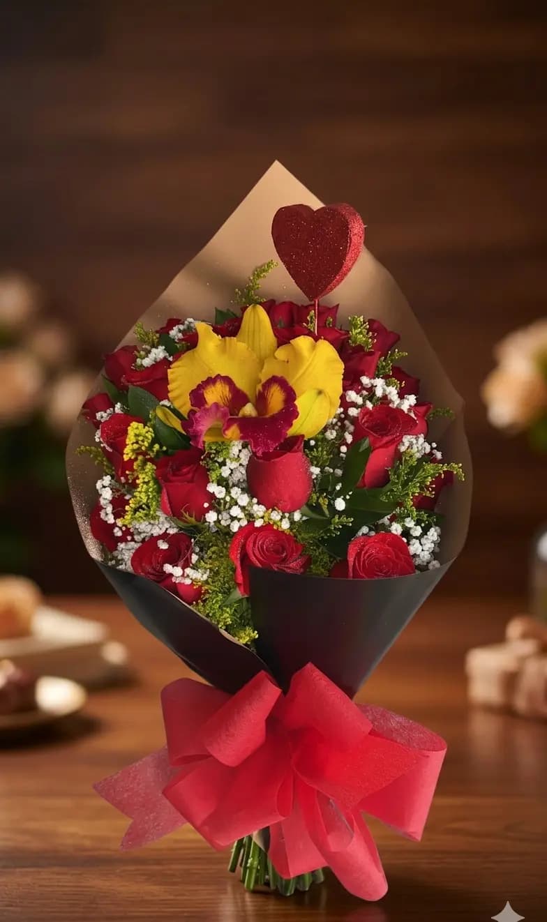 Ramo de rosas rojas con orquídea dorada y corazón de chocolate