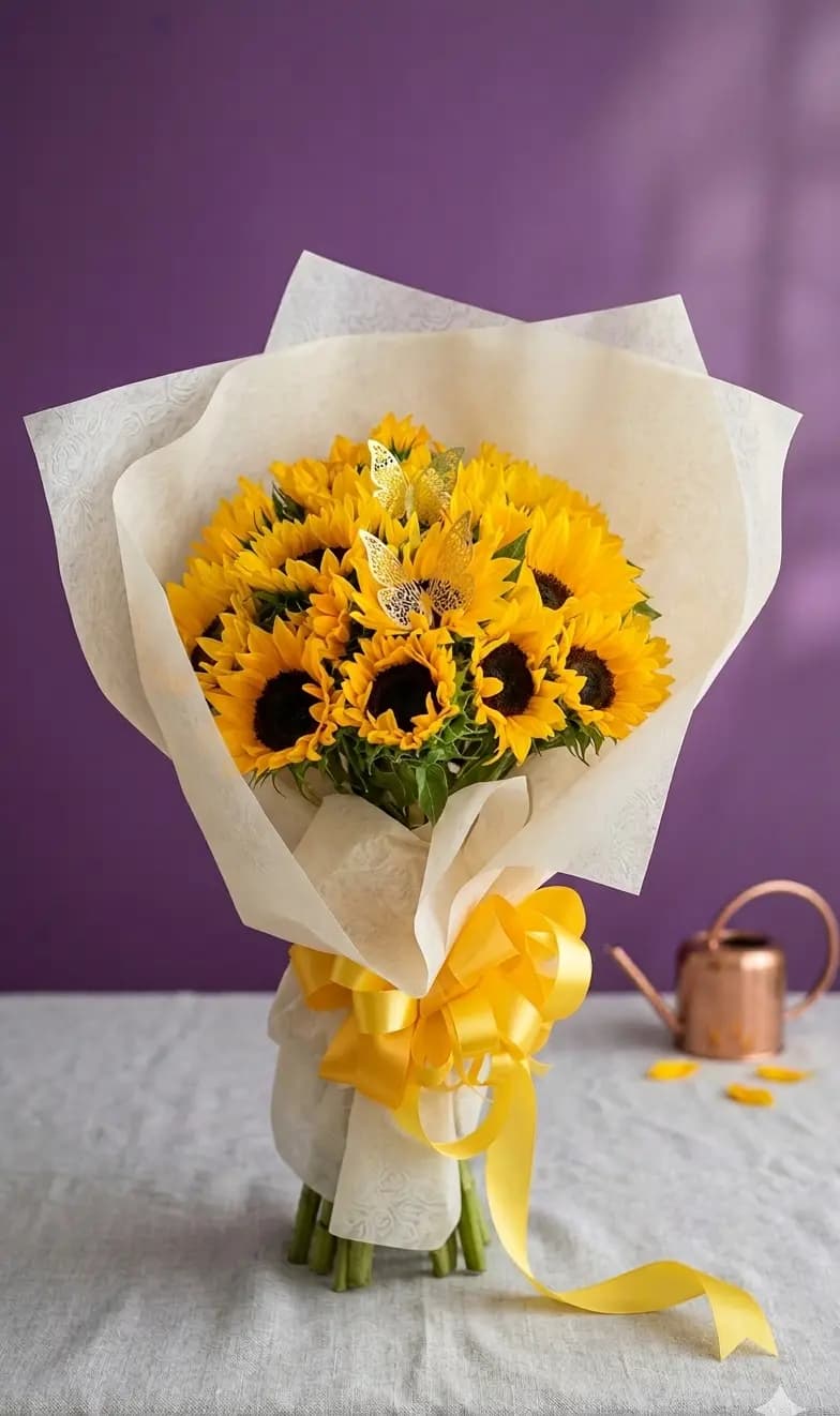 Ramo de girasoles frescos envuelto en papel crema con lazo dorado