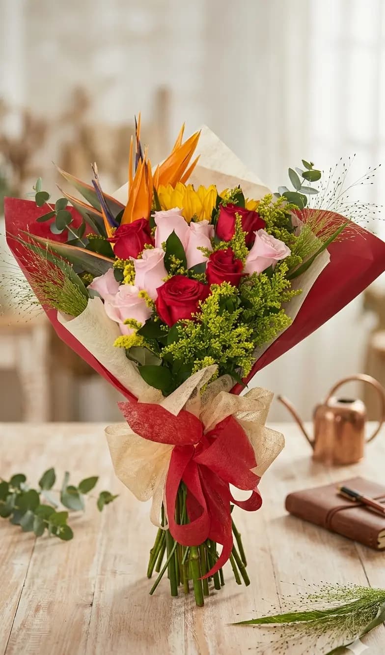 Ramo tropical con orquídeas, aves del paraíso y rosas multicolor