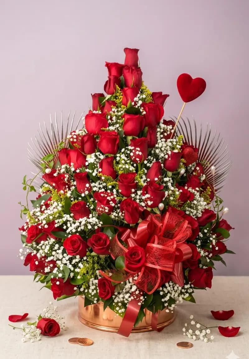 Arreglo piramidal de rosas rojas con gypsophilas y corazón decorativo